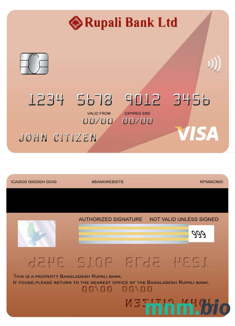 Bangladesh Rupali bank przykład karty visa w formacie PSD